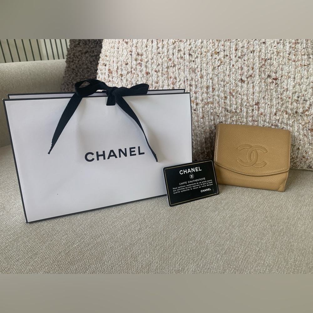 Authentic pre-loved tan Chanel caviar timeless wallet
